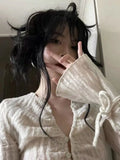 Vevesc Simple Vintage V-neck Lace Up Shirts Women Spring Sexy Slim Fit White Blusas Mujer Y2k Grunge Long Sleeve Blouses Tops