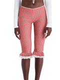 Vevesc  Women s Plaid Capri Pants with Lace Ruffles and Stretchy Cropped Leggings for Summer Casual Wear