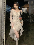 Vevesc Puff Sleeve Korean Party Mini Dress Women Floral Print Vintage Sweet Dress Female Irregular Designe Causal Dress Summer