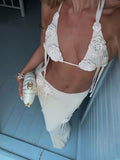 Vevesc  Sexy White Knitt Skirt 3 Pics Sleeveless V Neck Super Short Top High Waist Split Skirt Suit Summer Beach Style Set