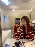 Vevesc Christmas Style Red Pullovers Women V Neck Striped Korean Vintage Harajuku Loose Sweaters Y2k Sueter Mujer Sweet Knitted