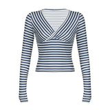 Vevesc Striped V Neck Crop Tops Women Vintage Long Sleeve Slim Fit Tees Y2K Aesthetic Grunge 00s Retro T-shirt Ladies Casual Clothes