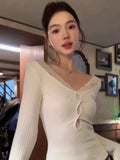 Vevesc Fake Two Pieces Lace Patchwork Bottoming Tee Shirts Autumn Slim Sexy T-shirt Women Y2k Aesthetic Grunge See Through Crop Tops