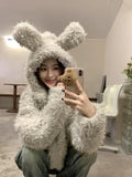 Vevesc New Lazy Fluffy Rabbit Ears Hoodie Coat Women Y2k Long Sleeve Zipper Tops Mujer Autumn Winter Thicked Warm Jackets