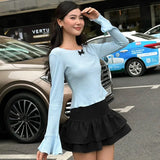 Vevesc Y2k Aesthetic Solid Slim Women Sweet T-shirt Vintage Flare Sleeve Streetwear Grunge Tshirts Harajuku Autumn Bow Tees Femme