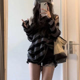 Vevesc Gothic Striped Sweaters Women Off Shoulder Punk Knitted Pullover Harajuku Y2k Long Sleeve Sweaters Grunge Streetwear