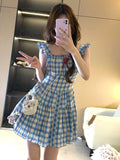 Vevesc  French Sweet Dress Flying Sleeve Square Collar Plaid Folds Patchwork Dresses Summer Female Slim Preppy Style 2025 Women Clothing
