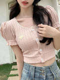 Vevesc Summer Pink Kawaii Sweet T-Shirts Women Lace Backless France Elegant Crop Tops Female Puff Sleeve Korea Casual Clothing New