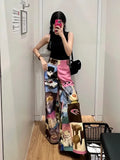 Vevesc American Street Cute Cartoon Print Pants for Women 2024 New Loose Wide Leg  Y2k Grunge High Waist Straight Trousers