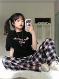 Vevesc Harajuku Pink Plaid Pants Women Japanese Y2K Cute Checked Trousers Oversized Korean Fashion Basic Wide Leg Sweatpants