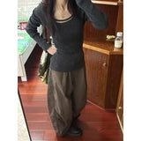 Vevesc Korean Simple O-neck Gray Loose Knitted Tops Women Y2k E-Girl Slim Fit Black T-shirts 2024 Summer New Long Sleeve Clothing