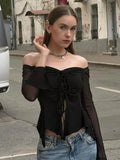 Vevesc  Slash Neck Lace-Up Shirts For Women Sexy Mesh Y2k Top Fashion Drop Sleeves Aesthetic Clothes Solid Casual Long Sleeve T Shirts