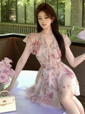 Vevesc  Cocktail Mini Dresses Women Floral Printed Chiffon Sexy Elegant Slim Bandage Evening Dress Birthday Party Sweet Banquet