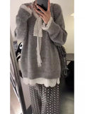 Vevesc Women's Lace-up Grey Pullover Knitted Sweater Harajuku Y2k Long Sleeves V-Neck Sweater Jumper Vintage 2000s Aesthetic Clothes