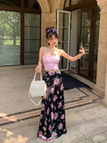 Vevesc Oversize High Waist Skirt For Women Summer New Black Floral Print Skirts Y2k Grunge Mid-length Bodycon Faldas Mujer