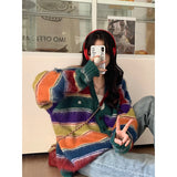 Vevesc Rainbow Striped Knitted Cardigan Women Harajuku Oversized Sweater Coat Vintage Streetwear Loose Knitwear Casual Jumpers