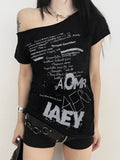 Vevesc Summer Sexy One Shoulder  Y2k Aesthetic T-Shirts Streetwear Vintage Letter Printing Tshirts Harajuku Grunge Oversized Black Tops