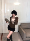 Vevesc Heavy American Vintage Sequin Sexy Deep V Neck Shirts Y2k Aesthetic Gothic High Street Harajuku Clothing Base Luxury Girl Tops