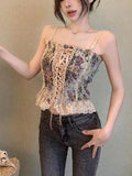 Vevesc France Vintage Print Sleeveless Tops Women Lace Elegant Party Princess Strap Top Female Korean Style Sweet Clothing Summer