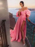 Vevesc Pretty Pink Split Long Evening Dresses With Bubble Short Sleeves A-line Long Formal Party Dress Maxi Gowns