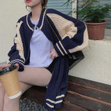 Vevesc Harajuku Striped Knitted Cardigan Women Oversized Patchwork Sweater Coat Streetwear Vintage Knitwear Korean Zipper Jumper