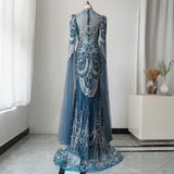 Vevesc   Arabic Blue Mermaid Lace Beaded Formal Occasion Evening Dresses With Cape For Woman Wedding Prom Party Gowns