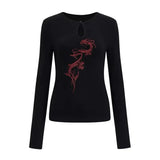 Vevesc Vintage Print Y2k Camisetas Slim Fit Women Hollow Out Black Long Sleeve Tshirts American Chic Tees High Street