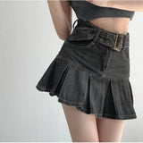 Vevesc  Denim Pleated Mini Skirt Vintage Sexy High Waist A-line Belt Women Embroidery Jean Short Skirt Summer Japanese Y2k