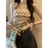 Vevesc Women Sweet Cotton Summer Floral Embroidery Sleeveless Buttons Front Crop Tops Beach Sweet Crochet French Style