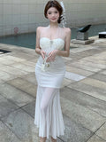 Vevesc  Summer White Mesh Patchwork Ruffled Mermaid Dress Women Elegant Diamonds Neck-mounted Sexy Dress 2025 Korean Luxury Party Dress