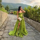 Vevesc Light Green Split Long Evening Dresses With Ruched Ruffles Trimmed Details Sweetheart Buttons Front Formal Dress