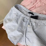 Vevesc Two Piece White Lace Blue Striped Japanese Preppy Style Bow Y2k Shorts Women Summer A-line High Waist Short Pants Sets Hotsweet