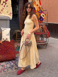 Vevesc  Elegant Patchwork Long Dress Women O-neck Sleeveless Pleated Female Dresses 2025 Summer Holiday Solid A-line Lady Loose Robe