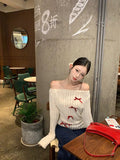 Vevesc Sweet Bow Knitted Pullover Women Off Shoulder Sexy Long Sleeve Sweaters Korean Style Kawaii Autumn Winter Pullovers