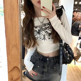 Vevesc High Waist Sexy All Match Summer Autumn T Shirts American Personality Print Gothic Girl Crop Top Long Sleeve Streetwear Clothing