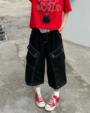 Vevesc  Vintage Black Women Cargo Jeans Pocket Wide Leg American Style Straight Denim Pants Washed Overzised Streetwear Summer