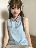 Vevesc Sweet Spliced Constrast Color Plaid Tops Harajuku Japanese All Match Preppy Style Girl Clothes Y2k Aesthetic Sleeveless Camisole