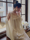 Vevesc  Spring Summer New French Vintage Silk Princess Nightgown Lace Strap Two Piece Nightdress Morning Robe Victorian Sleepwear