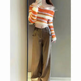 Vevesc American Slim Pullovers Sweaters Crop Tops Sexy Knitted Contrast Color Striped Women Y2k Slash Neck Vintage Sueter Mujer Chic