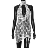 Vevesc Low Out Halter Backless Mini White Mesh Dress Hollow Out Sexy Women's Dresses Clubwear Summer Beach Y2K Outfits
