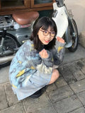 Vevesc Harajuku Lazy Graffiti O-neck Blue Tops Women Summer New Knitted Pullover Y2k E-Girl Long Sleeve Loose Sweaters Mujer