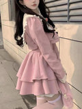 Vevesc Pink French Vintage Two Piece Set Women Japanese Kawaii Bow Sweet Dress Suit Female Autumn Korea Elegant Coat ＋ Cute Strap Dress