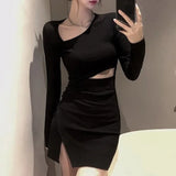 Vevesc Harajuku Street Black Bodycon Dress for Women Summer New Slim Waist Hollow Out Dresses Y2k Grunge Long Sleeve Vestidos Mujer