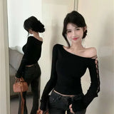 Vevesc American Off The Shoulder Cross Lace Design Korean T Shirts Y2k Aesthetic Slim High Street Base  French Tops Punk Casual Clothes