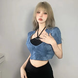 Vevesc Niche Sexy Fashion Moda Two Piece Sets Black Halter Lace Up Tank Tops Y2k Aesthetic Personality High Waist Streetwear Punk Tops