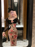 Vevesc  Velvet Evening Dresses Women Sexy Floral Long Sleeve Elegant Slim Patchwork Cocktail Dress Performance Party Ladies