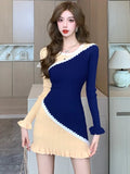 Vevesc Elegant Knitted Dress for Women Chic Single Breasted V Neck Long Sleeve Bodycon Dress Fashion Elegant Lady Streetwear