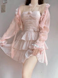 Vevesc Two Pieces Set Pink Sexy Y2k Aesthetic Fairy Ball Gown Camisole Dress+Japanese Women Sweet Grunge Fashion Long Sleeve Cardigans