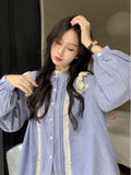 Vevesc Women's Striped Shirts Blouses Y2k Aesthetic Streetwear Vintage Korean 2000s Elegant Long Sleeve Polo-Neck Shirt Clothes Summer