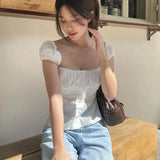 Vevesc Perspective Square Neck Puff Sleeve Button Down Shirts Summer 2000s Clothes Y2k Women White Crop Top Coquette Blouse